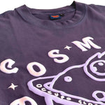unique puff print oversized purple navy graphic t shirt close up detail

