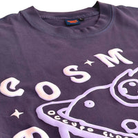 unique puff print oversized purple navy graphic t shirt close up detail

