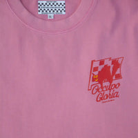 Close-up of Champion du Monde T-shirt front with red Occupo Gloria racing graphic and Living Archive label