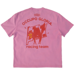 Occupo Gloria Champion du Monde pink T-shirt with large red racing team graphic and Living Archive branding