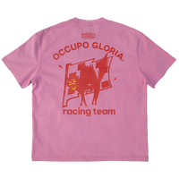 Occupo Gloria Champion du Monde pink T-shirt with large red racing team graphic and Living Archive branding