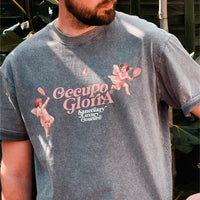 vintage acid washed uk streetwear t shirt in grey with original vintage, antique artwork